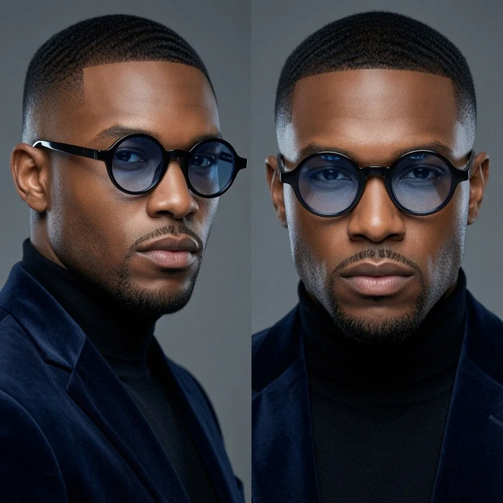 Mens Black Round Sunglasses Blue Lens Retro Circular Frame Shades Hip Hop Classy